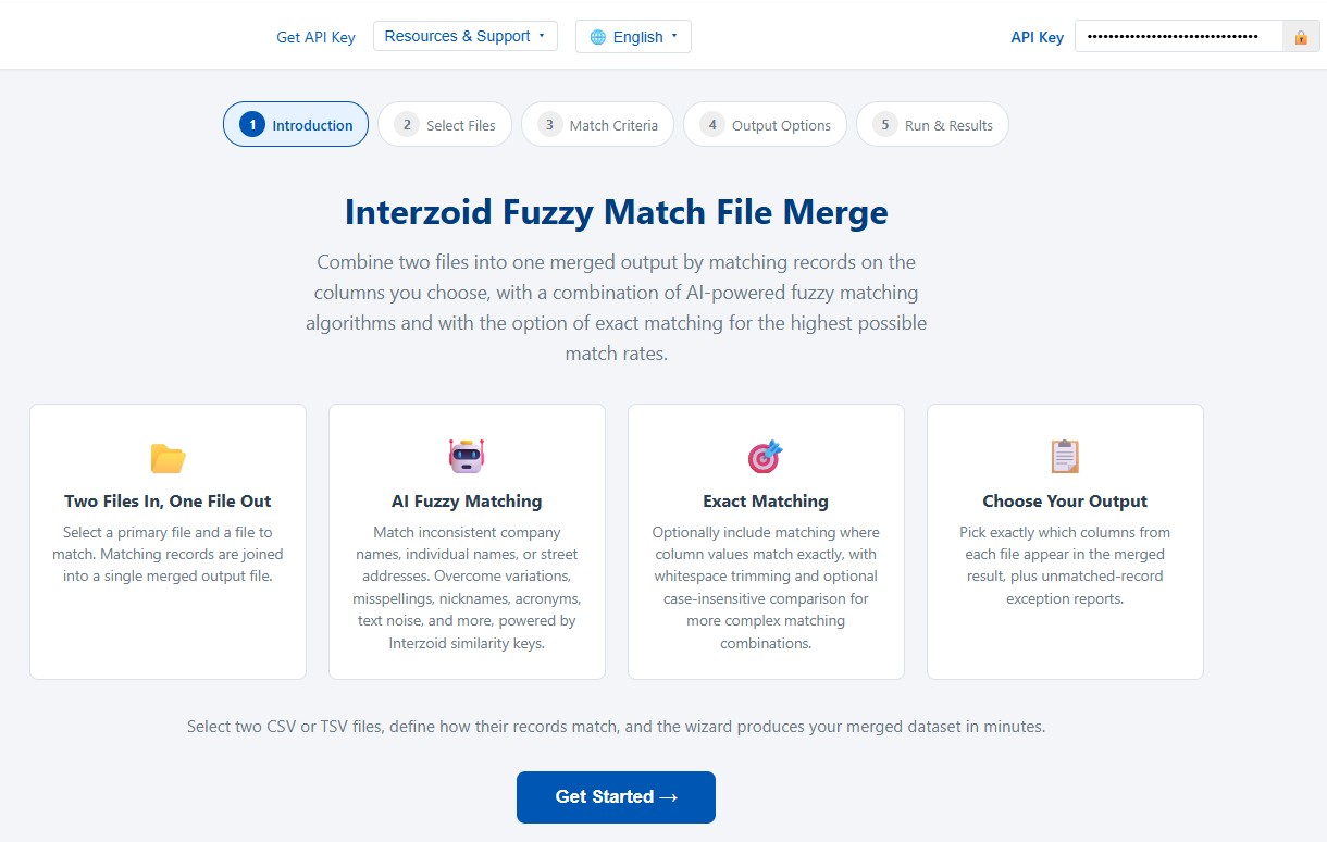 Merge Wizard header bar showing the API key field, Check Credits button, Go to My Account button, and language selector