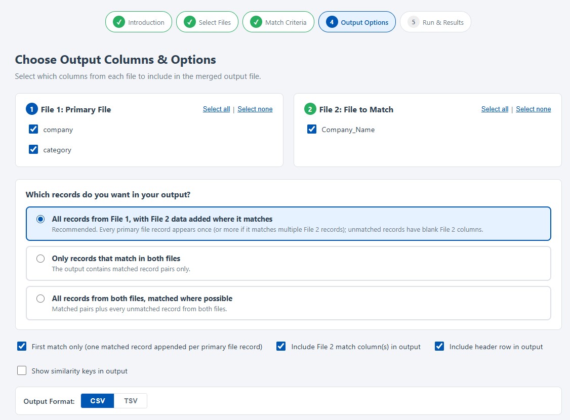 Merge Wizard review and run step showing the selection summary, the Run Merge button, and the completed statistics tiles including matched pairs and credits used