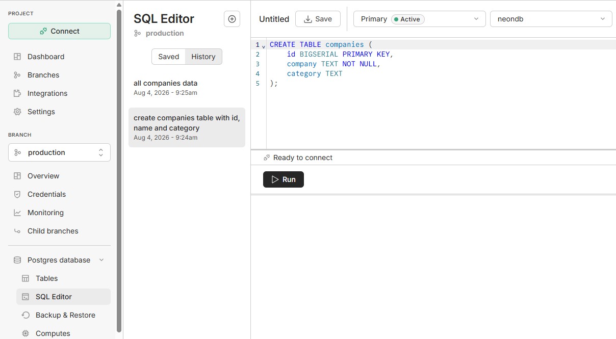 The Neon Console SQL Editor creating the companies table