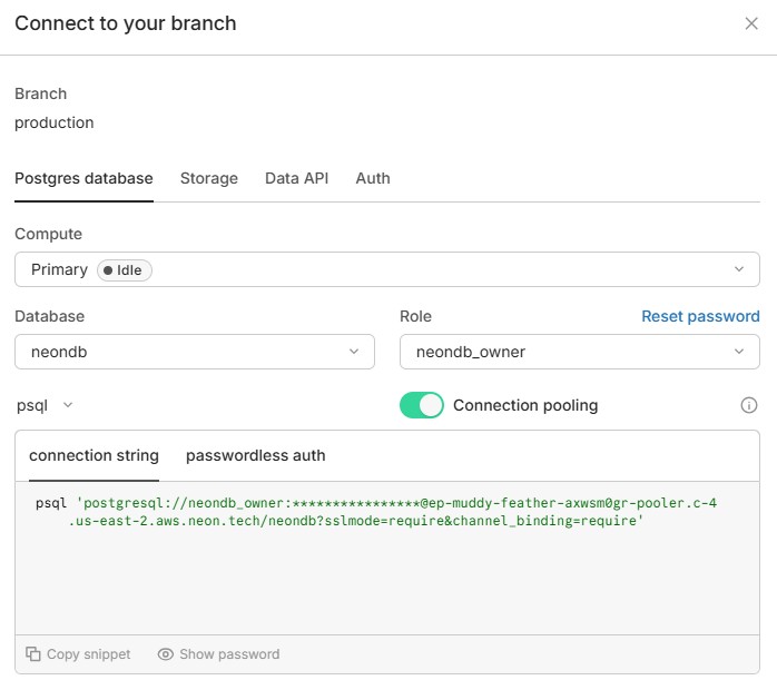 The Neon Console connection modal showing the PostgreSQL connection string