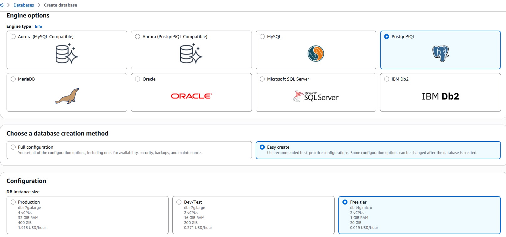 The Amazon RDS console create database form with PostgreSQL and the free tier template selected