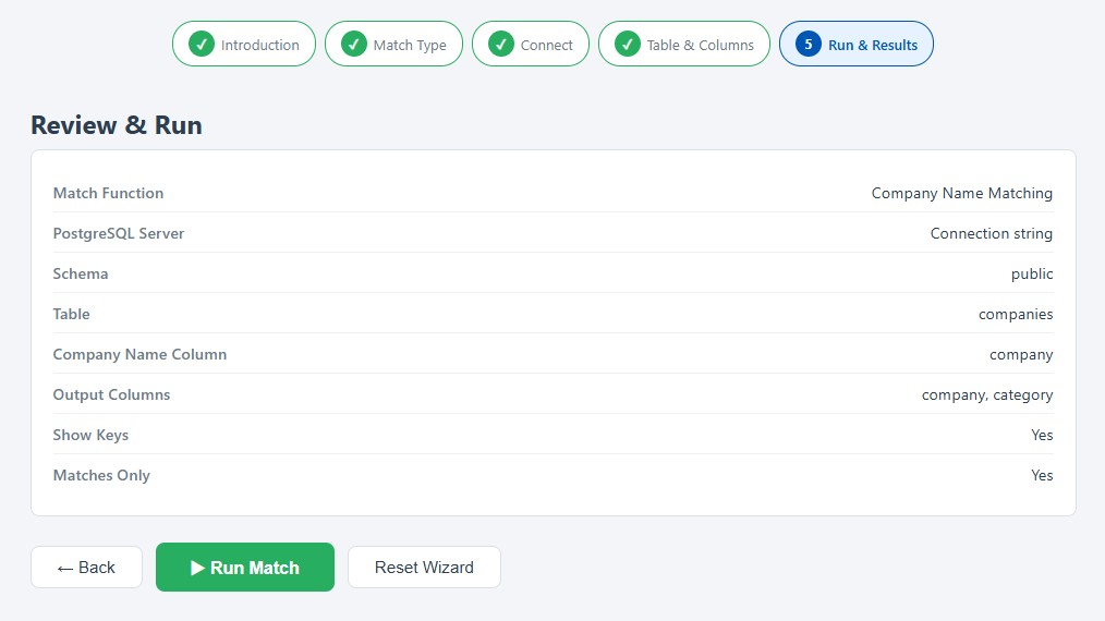 The review screen summarizing all selections with the Run Match button
