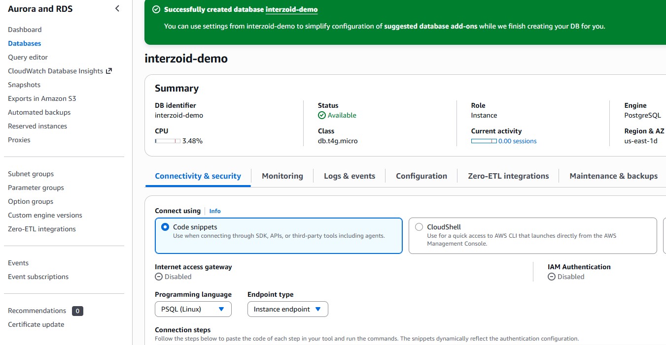 The Connectivity and security tab of the RDS console showing the instance endpoint and port