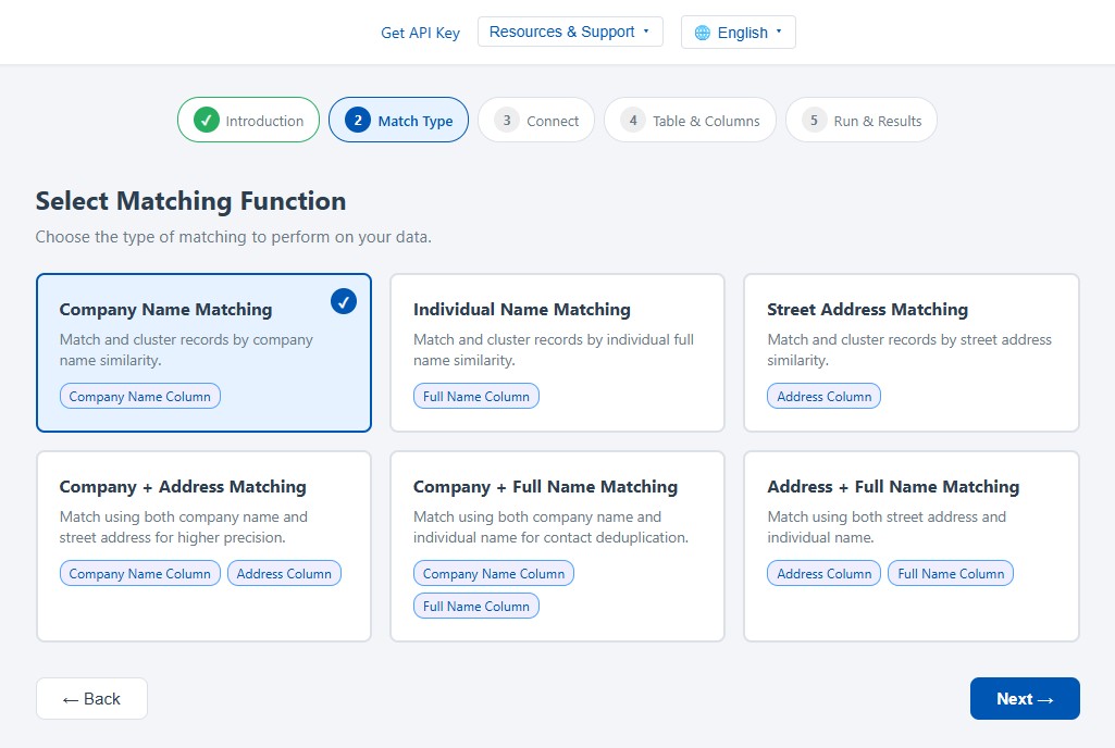 The matching function selection screen with Company Name Matching selected
