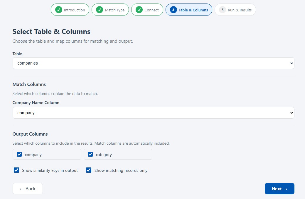 Table, match column, and output column selection for the RDS companies table