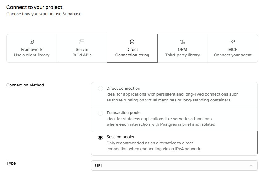 The Supabase Connect panel showing the session pooler PostgreSQL connection string
